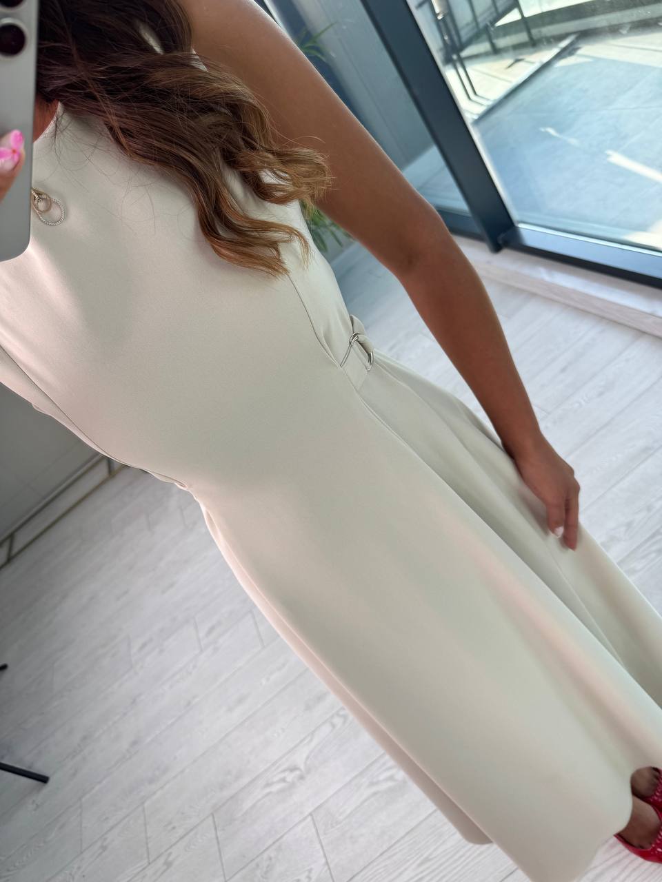 Taş%20Rengi%20Bel%20Kemer%20Detaylı%20Double%20Crep%20Kumaş%20Midi%20Boy%20Elbise