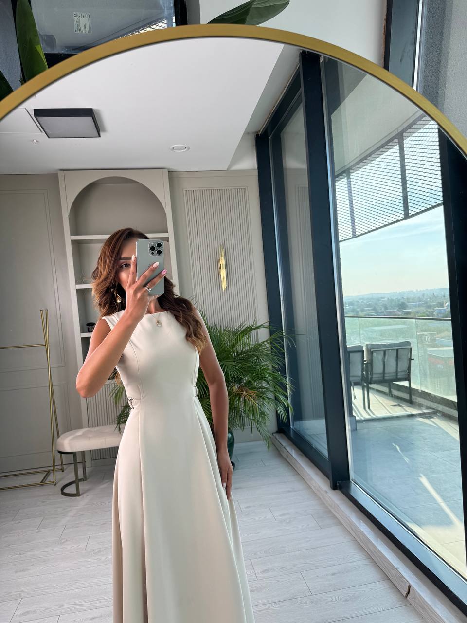 Taş%20Rengi%20Bel%20Kemer%20Detaylı%20Double%20Crep%20Kumaş%20Midi%20Boy%20Elbise