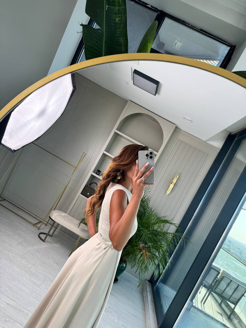 Taş%20Rengi%20Bel%20Kemer%20Detaylı%20Double%20Crep%20Kumaş%20Midi%20Boy%20Elbise