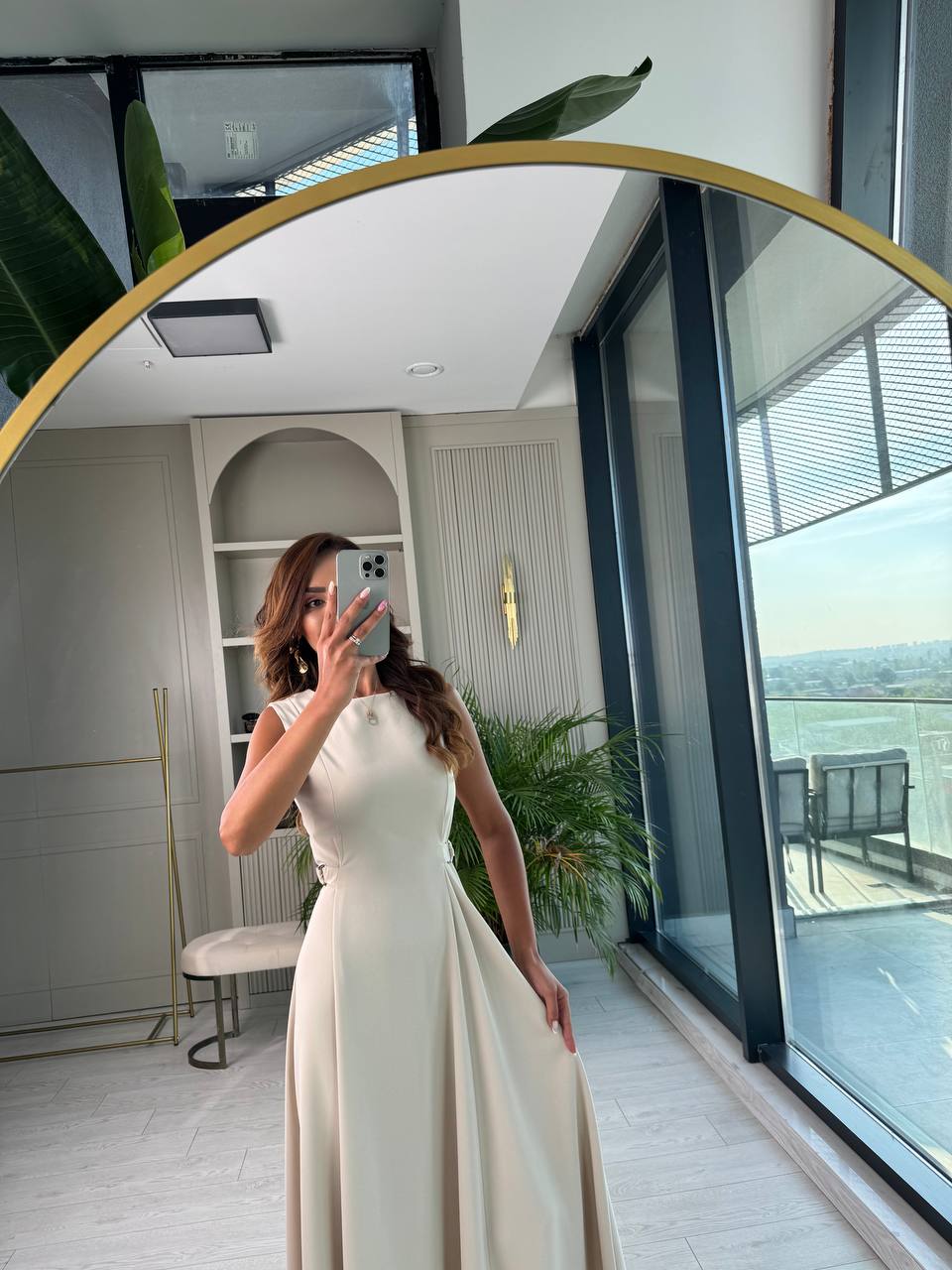 Taş%20Rengi%20Bel%20Kemer%20Detaylı%20Double%20Crep%20Kumaş%20Midi%20Boy%20Elbise