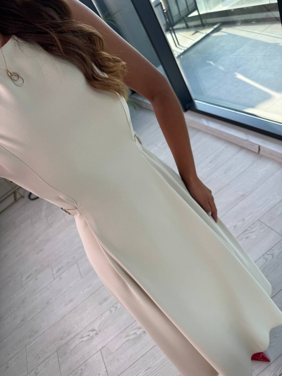 Taş%20Rengi%20Bel%20Kemer%20Detaylı%20Double%20Crep%20Kumaş%20Midi%20Boy%20Elbise