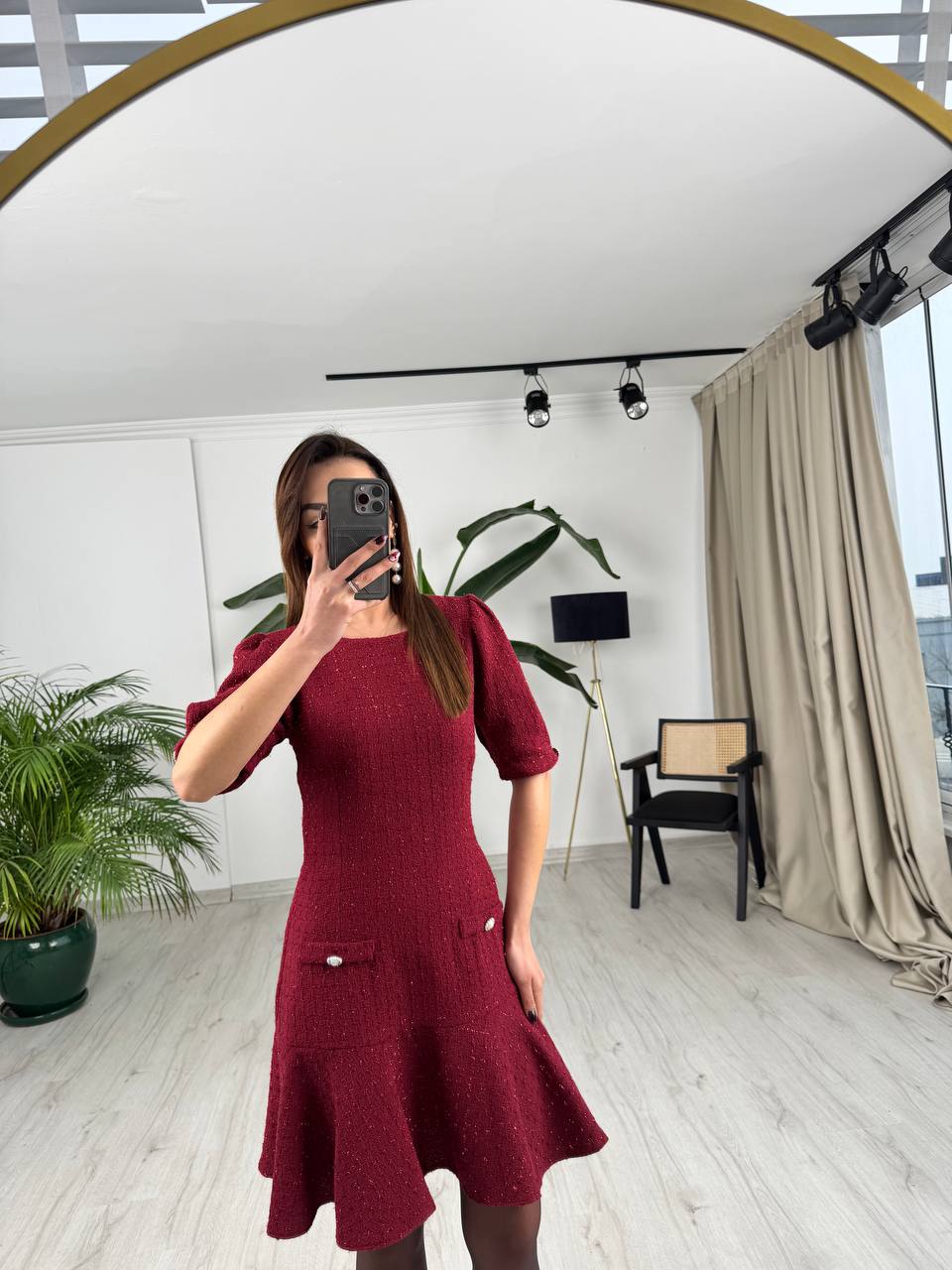 Bordo%20Kol%20Detay%20İnci%20Düğmeli%20Tuvid%20Kumaş%20Elbise