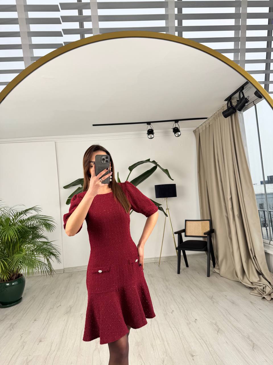 Bordo%20Kol%20Detay%20İnci%20Düğmeli%20Tuvid%20Kumaş%20Elbise