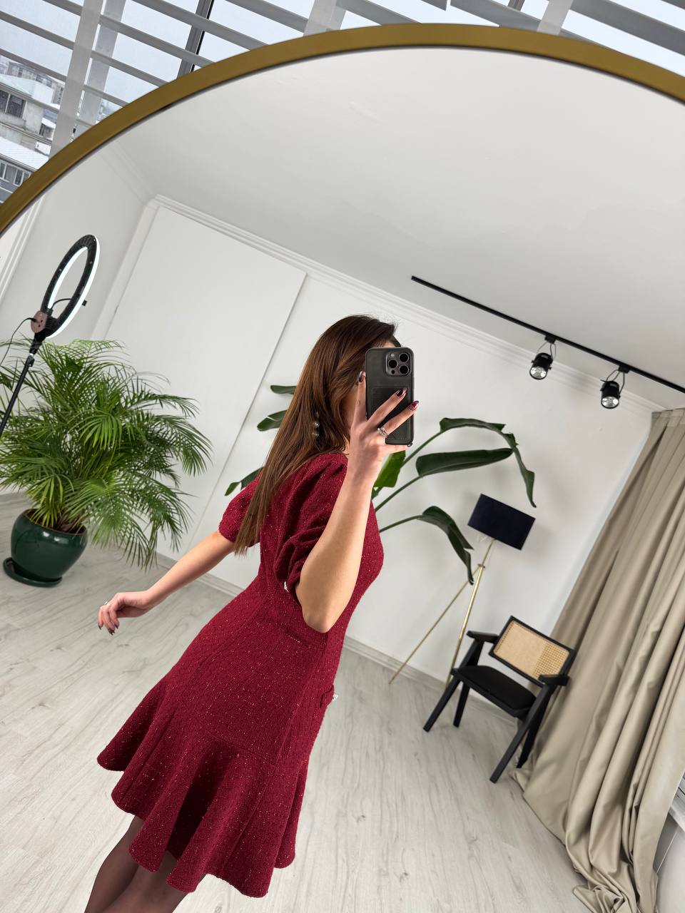 Bordo%20Kol%20Detay%20İnci%20Düğmeli%20Tuvid%20Kumaş%20Elbise