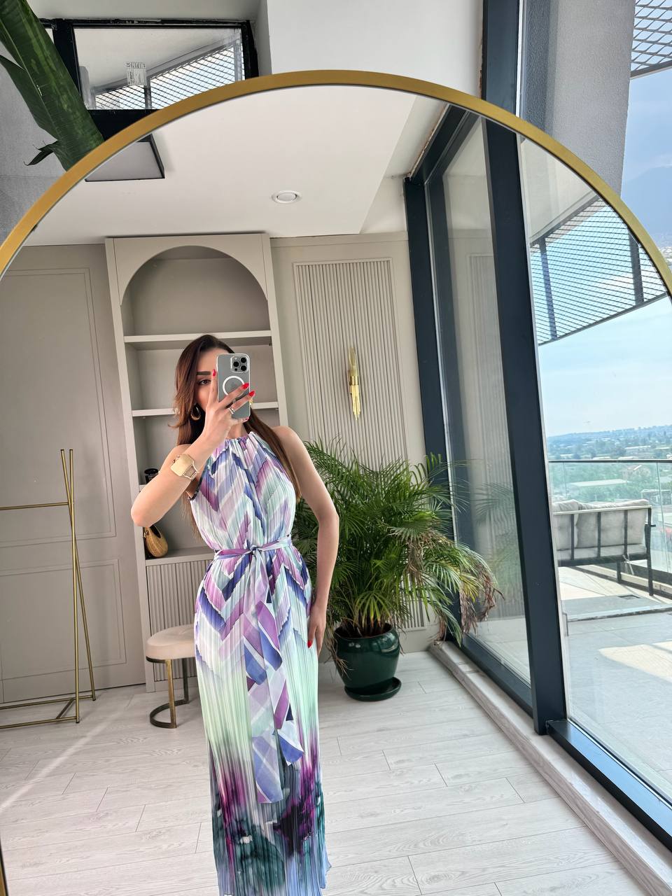 Lila%20Geçişli%20Astarlı%20İnce%20Piliseli%20Şifon%20Elbise