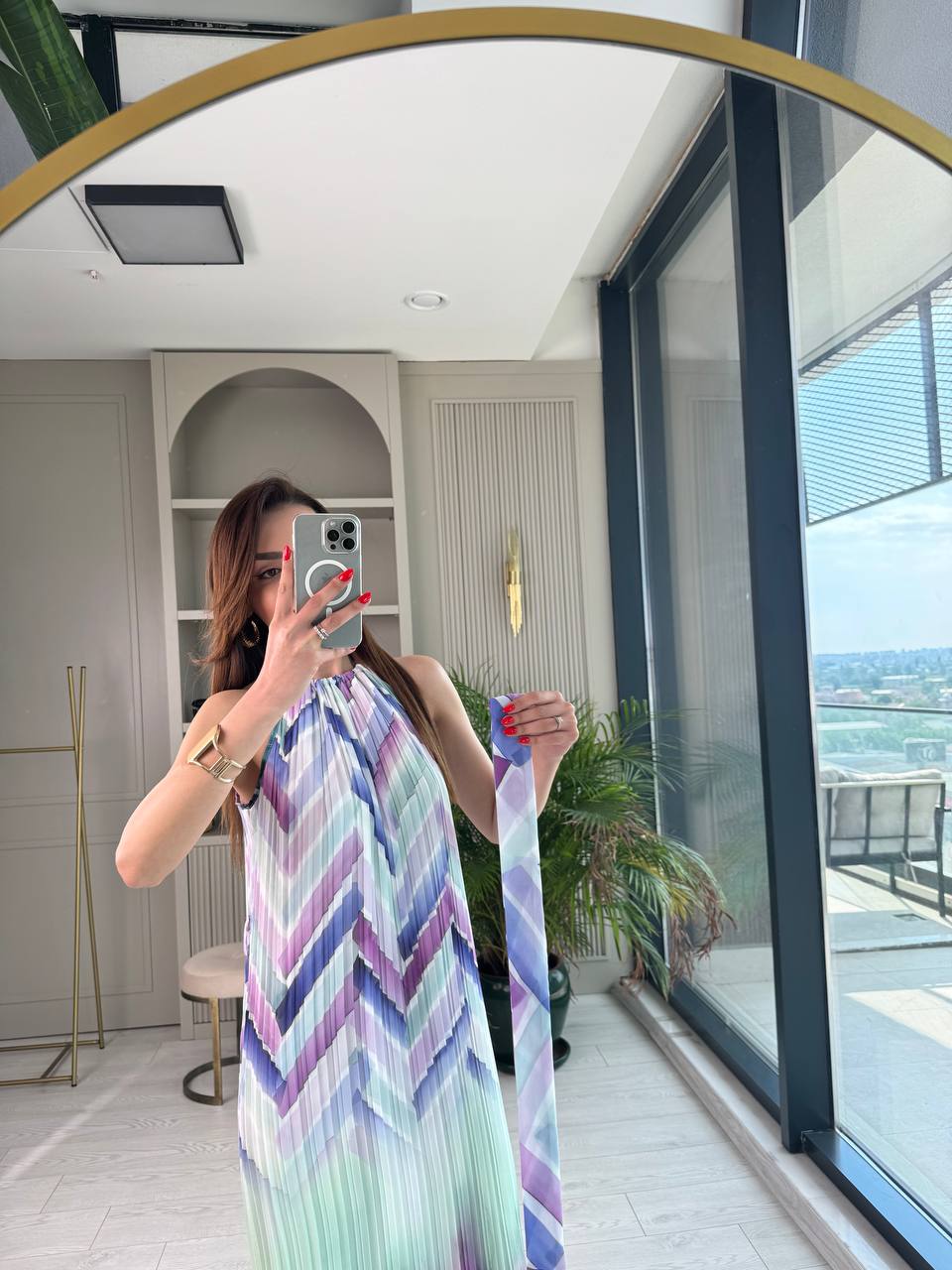 Lila%20Geçişli%20Astarlı%20İnce%20Piliseli%20Şifon%20Elbise