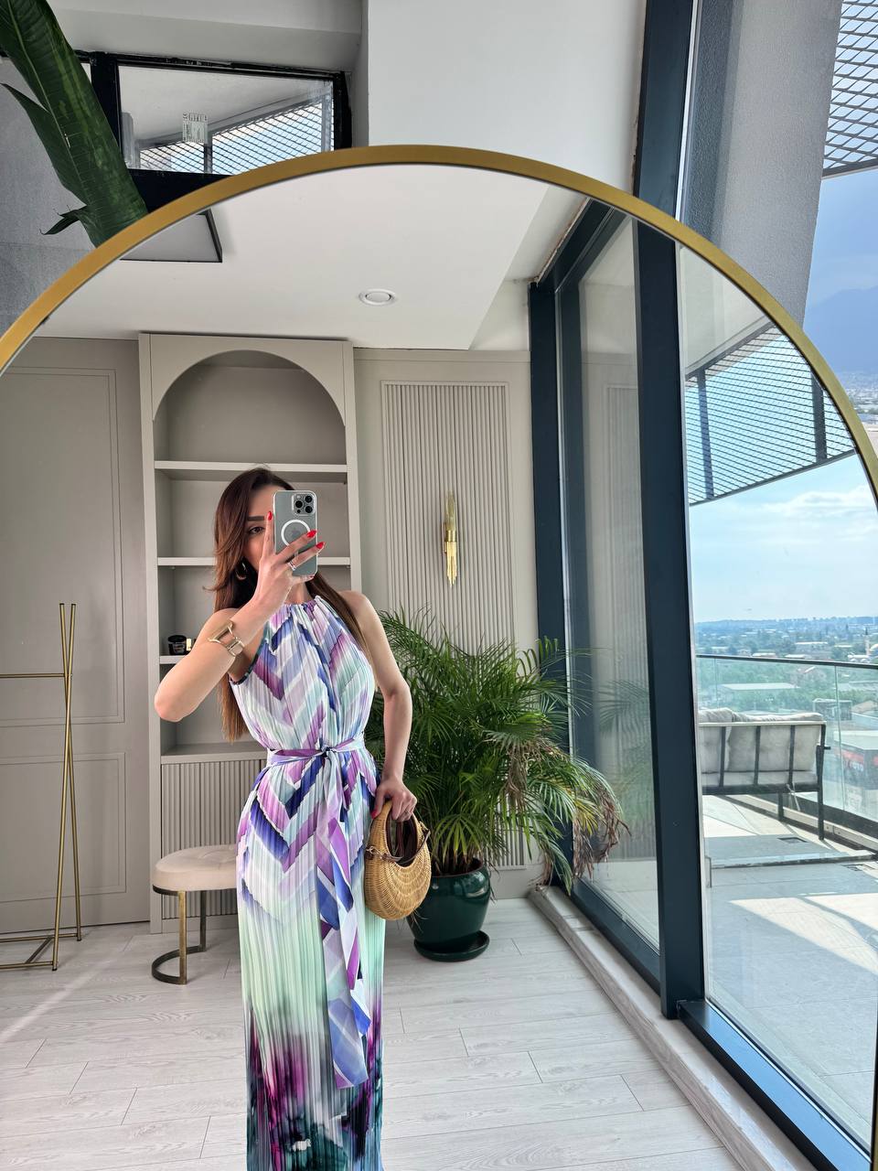 Lila%20Geçişli%20Astarlı%20İnce%20Piliseli%20Şifon%20Elbise