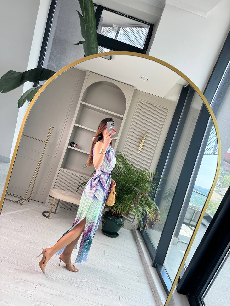 Lila%20Geçişli%20Astarlı%20İnce%20Piliseli%20Şifon%20Elbise