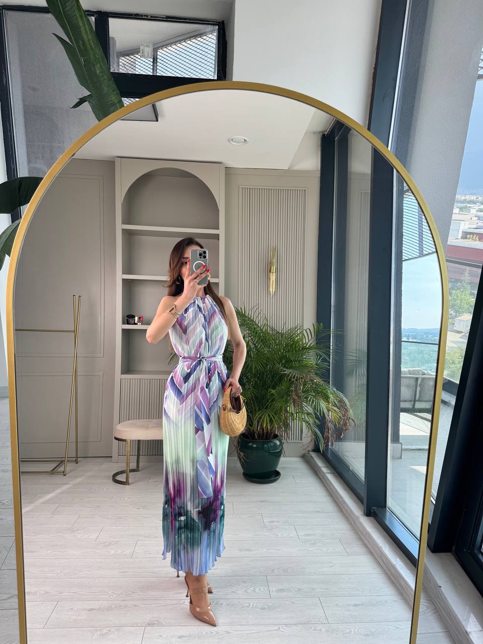 Lila%20Geçişli%20Astarlı%20İnce%20Piliseli%20Şifon%20Elbise