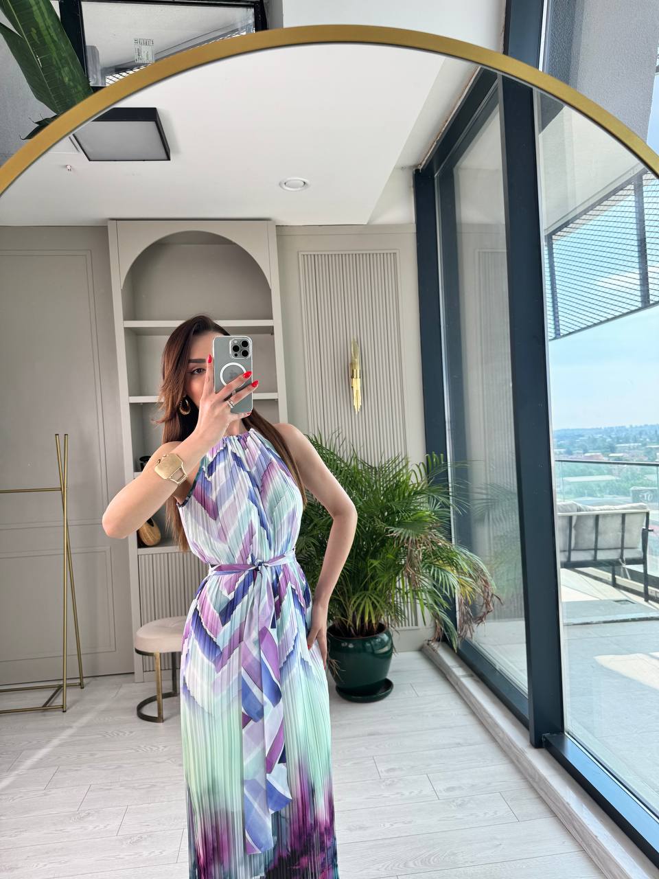 Lila%20Geçişli%20Astarlı%20İnce%20Piliseli%20Şifon%20Elbise