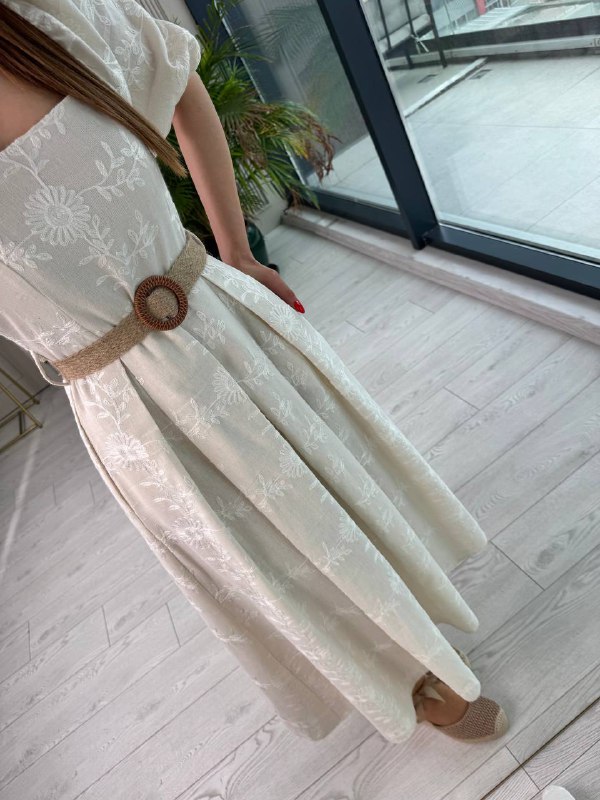 Bej%20Astarlı%20Hasır%20Kemerli%20%100%20Pamuk%20Brode%20Kumaş%20Elbise