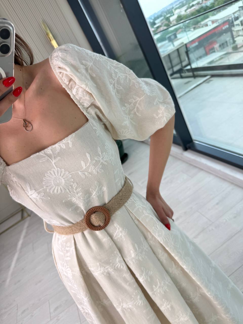 Bej%20Astarlı%20Hasır%20Kemerli%20%100%20Pamuk%20Brode%20Kumaş%20Elbise