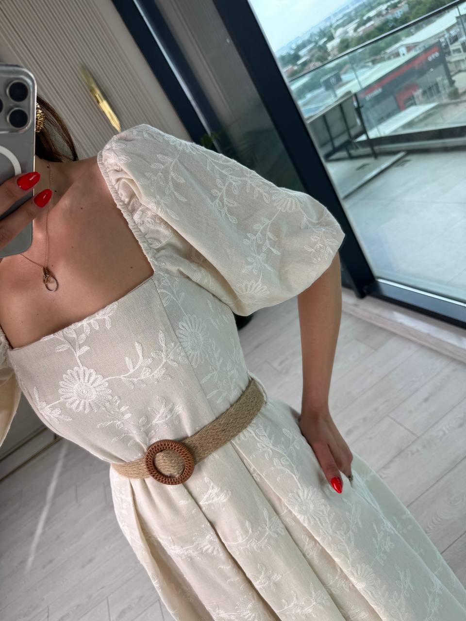 Bej%20Astarlı%20Hasır%20Kemerli%20%100%20Pamuk%20Brode%20Kumaş%20Elbise