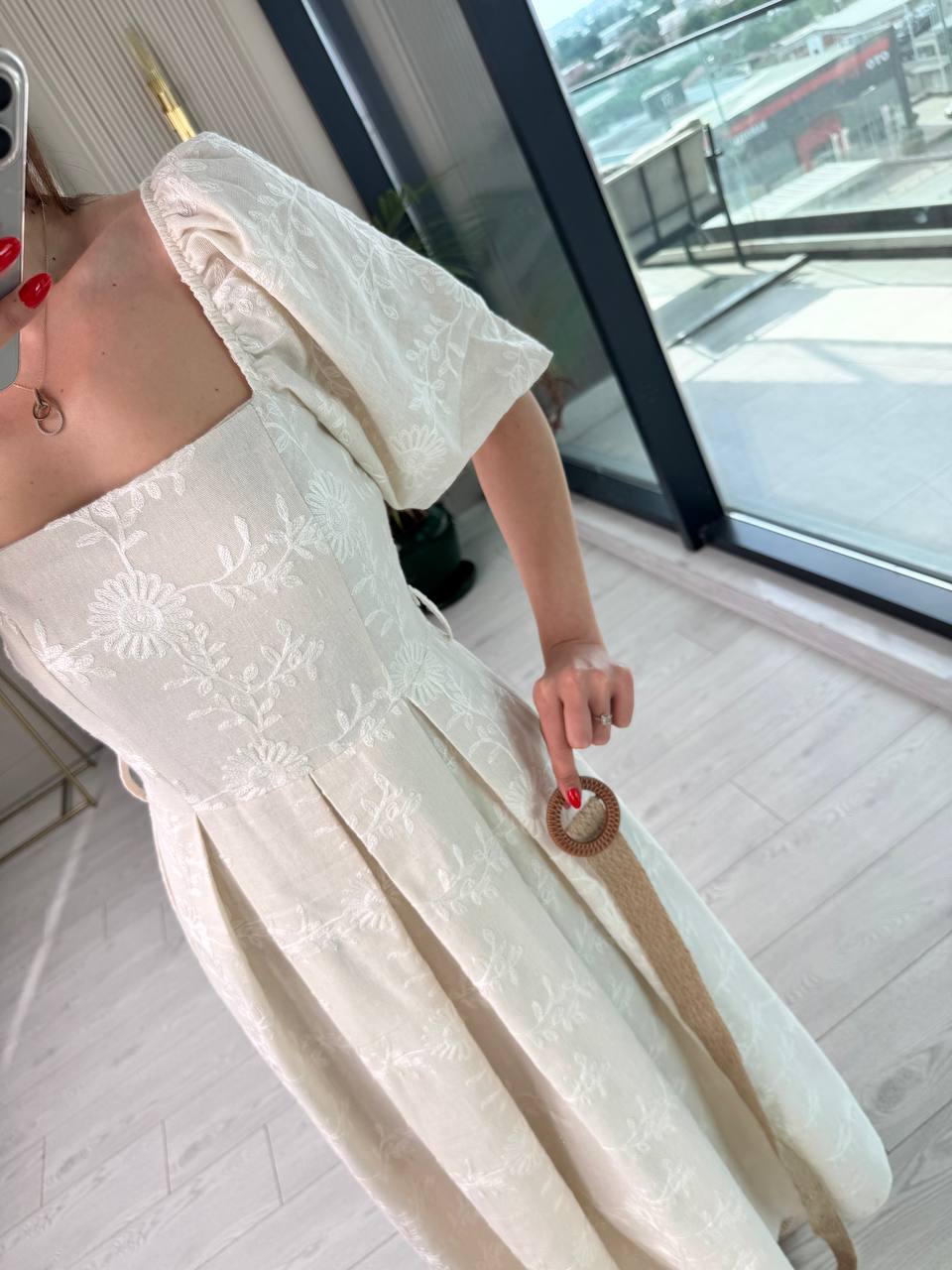 Bej%20Astarlı%20Hasır%20Kemerli%20%100%20Pamuk%20Brode%20Kumaş%20Elbise