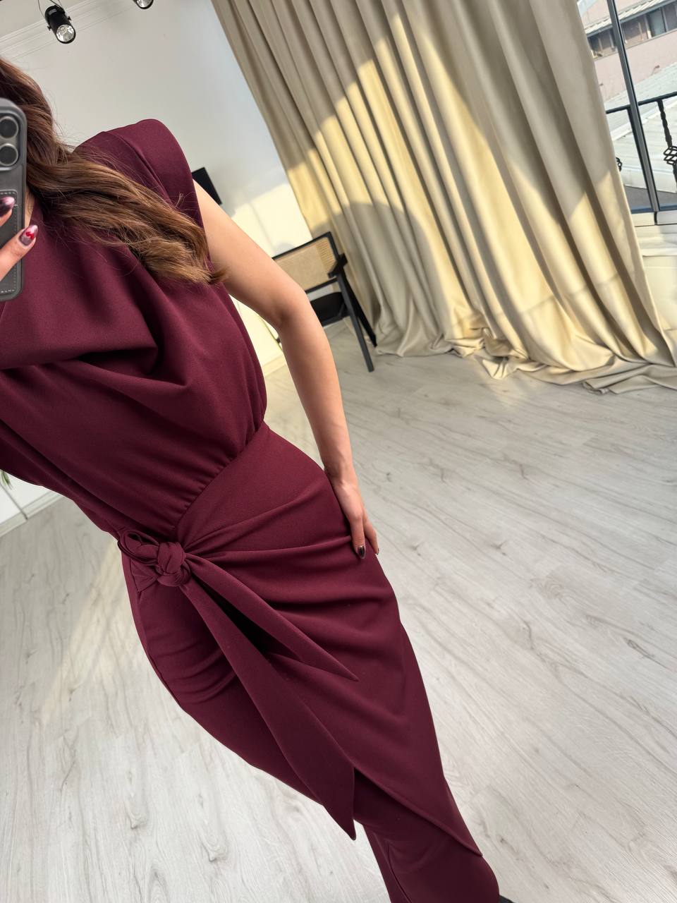 Bordo%20Vatkalı%20Degaje%20Yaka%20Tok%20Krep%20Kumaş%20Elbise