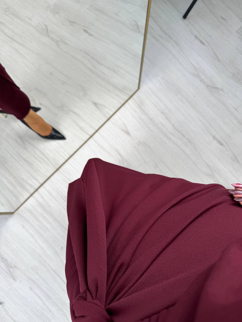 Bordo%20Vatkalı%20Degaje%20Yaka%20Tok%20Krep%20Kumaş%20Elbise