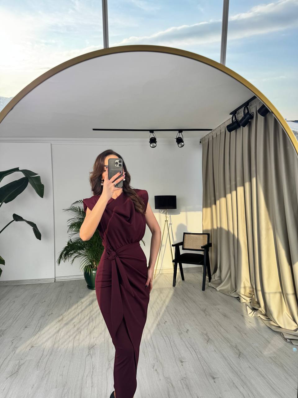 Bordo%20Vatkalı%20Degaje%20Yaka%20Tok%20Krep%20Kumaş%20Elbise
