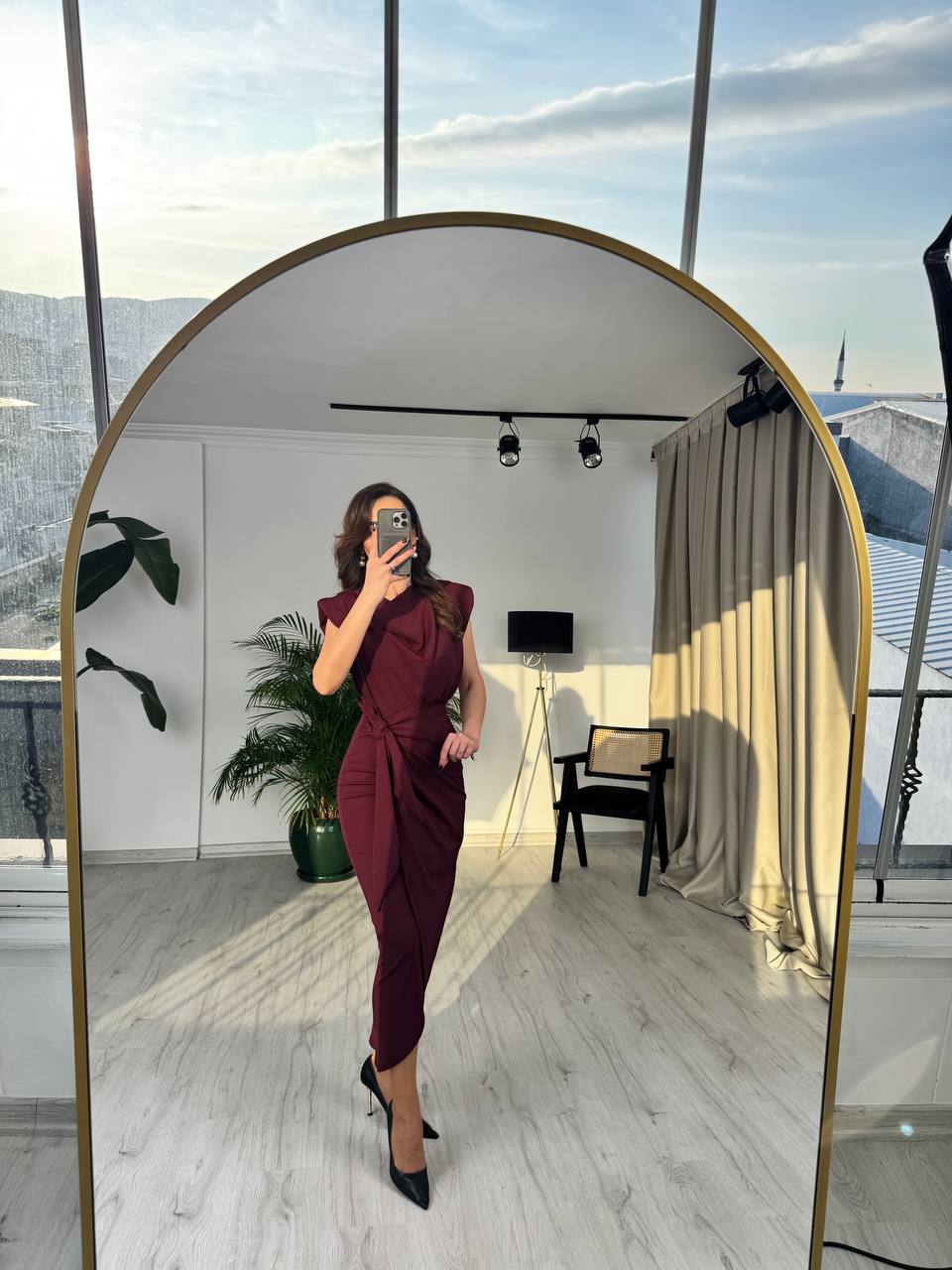 Bordo%20Vatkalı%20Degaje%20Yaka%20Tok%20Krep%20Kumaş%20Elbise