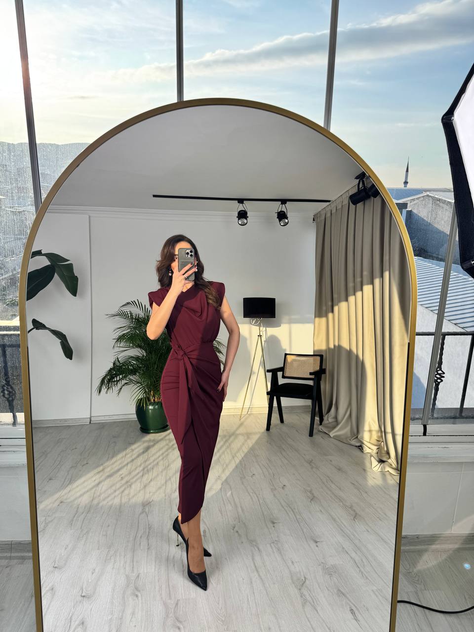 Bordo%20Vatkalı%20Degaje%20Yaka%20Tok%20Krep%20Kumaş%20Elbise