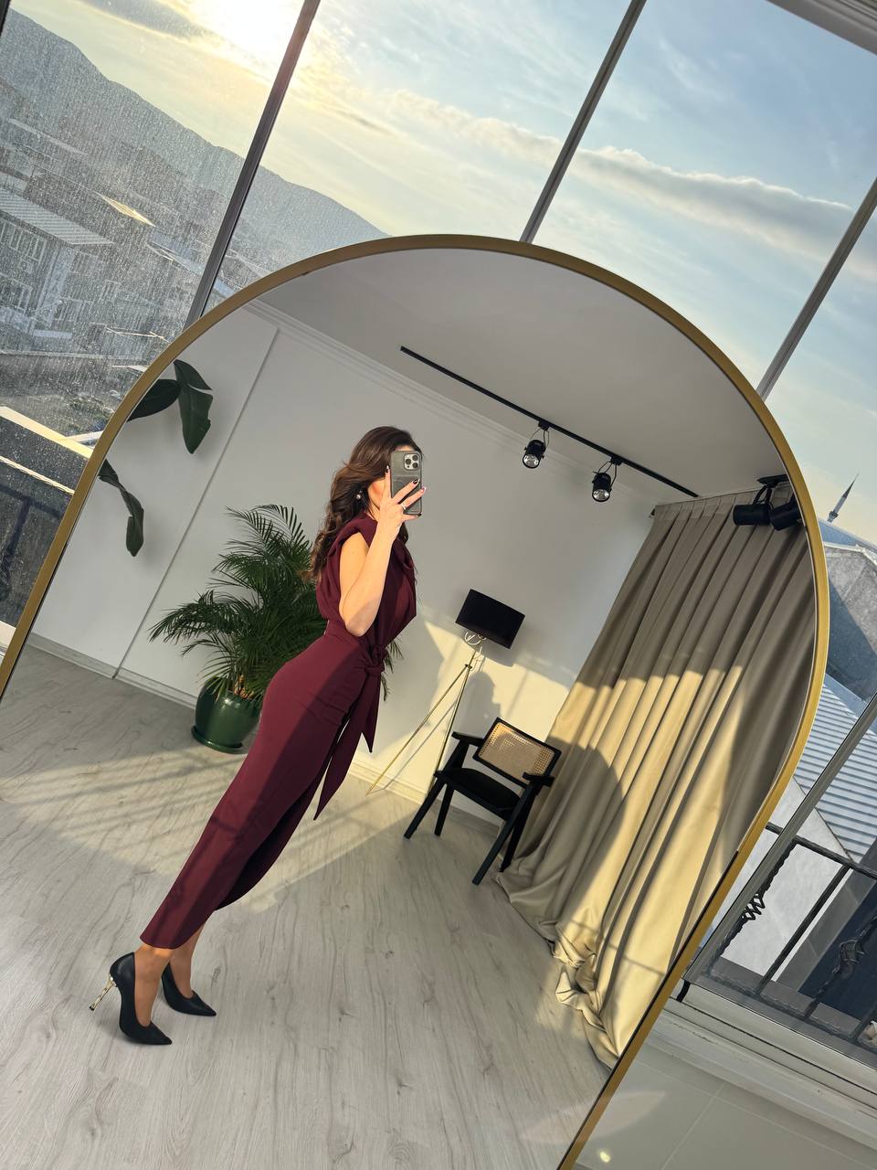 Bordo%20Vatkalı%20Degaje%20Yaka%20Tok%20Krep%20Kumaş%20Elbise