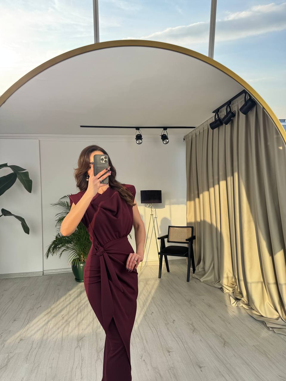 Bordo%20Vatkalı%20Degaje%20Yaka%20Tok%20Krep%20Kumaş%20Elbise