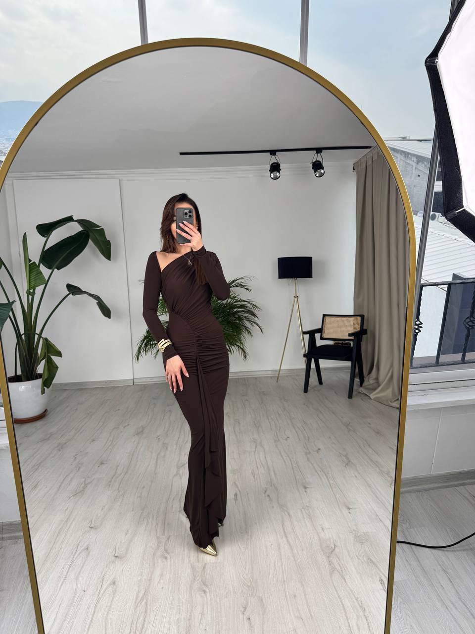Tasarım%20Kahverengi%20Omuz%20Detay%20Rahy%20İthal%20Likralı%20Cendy%20Kumaş%20Elbise