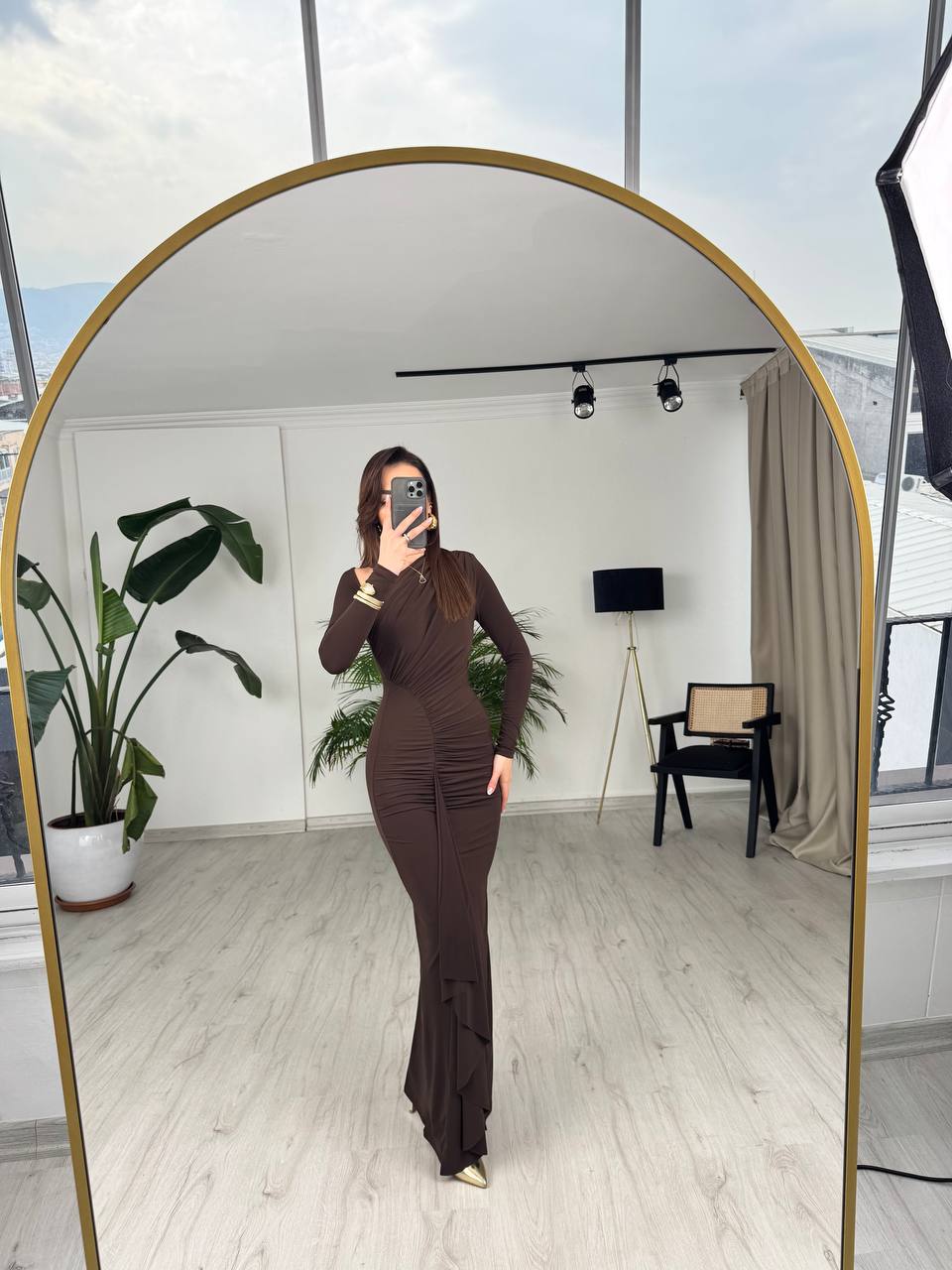 Tasarım%20Kahverengi%20Omuz%20Detay%20Rahy%20İthal%20Likralı%20Cendy%20Kumaş%20Elbise