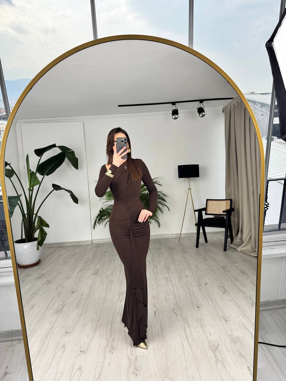Tasarım%20Kahverengi%20Omuz%20Detay%20Rahy%20İthal%20Likralı%20Cendy%20Kumaş%20Elbise