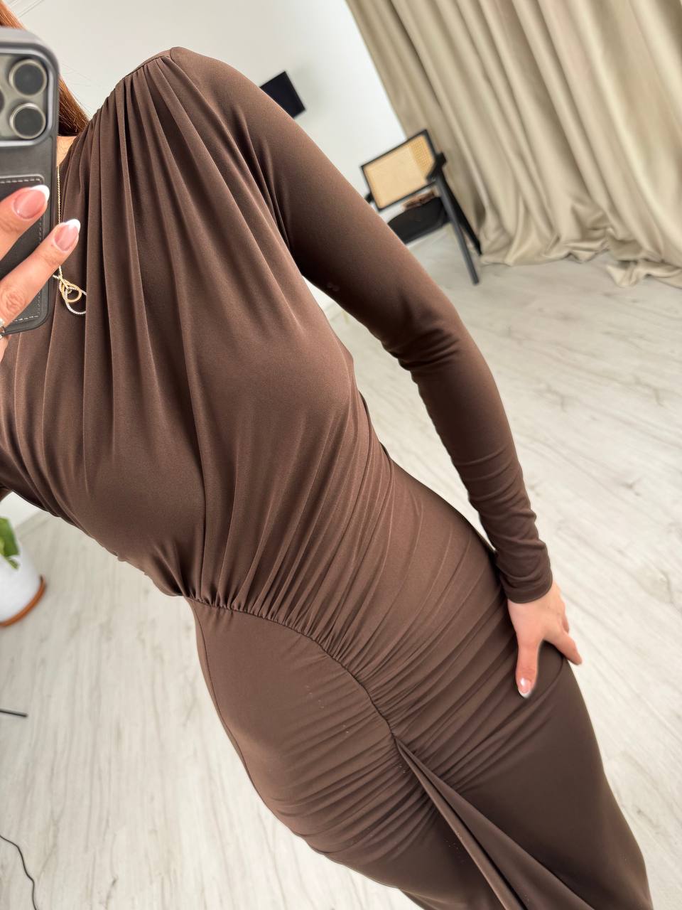 Tasarım%20Kahverengi%20Omuz%20Detay%20Rahy%20İthal%20Likralı%20Cendy%20Kumaş%20Elbise