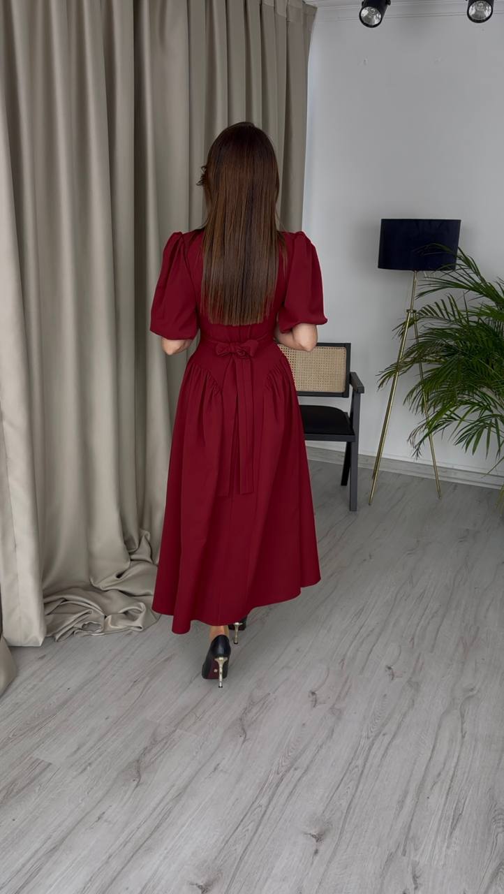 Tasarım%20Bordo%20Bel%20Korseli%20Double%20Atlas%20Kumaş%20Elbise