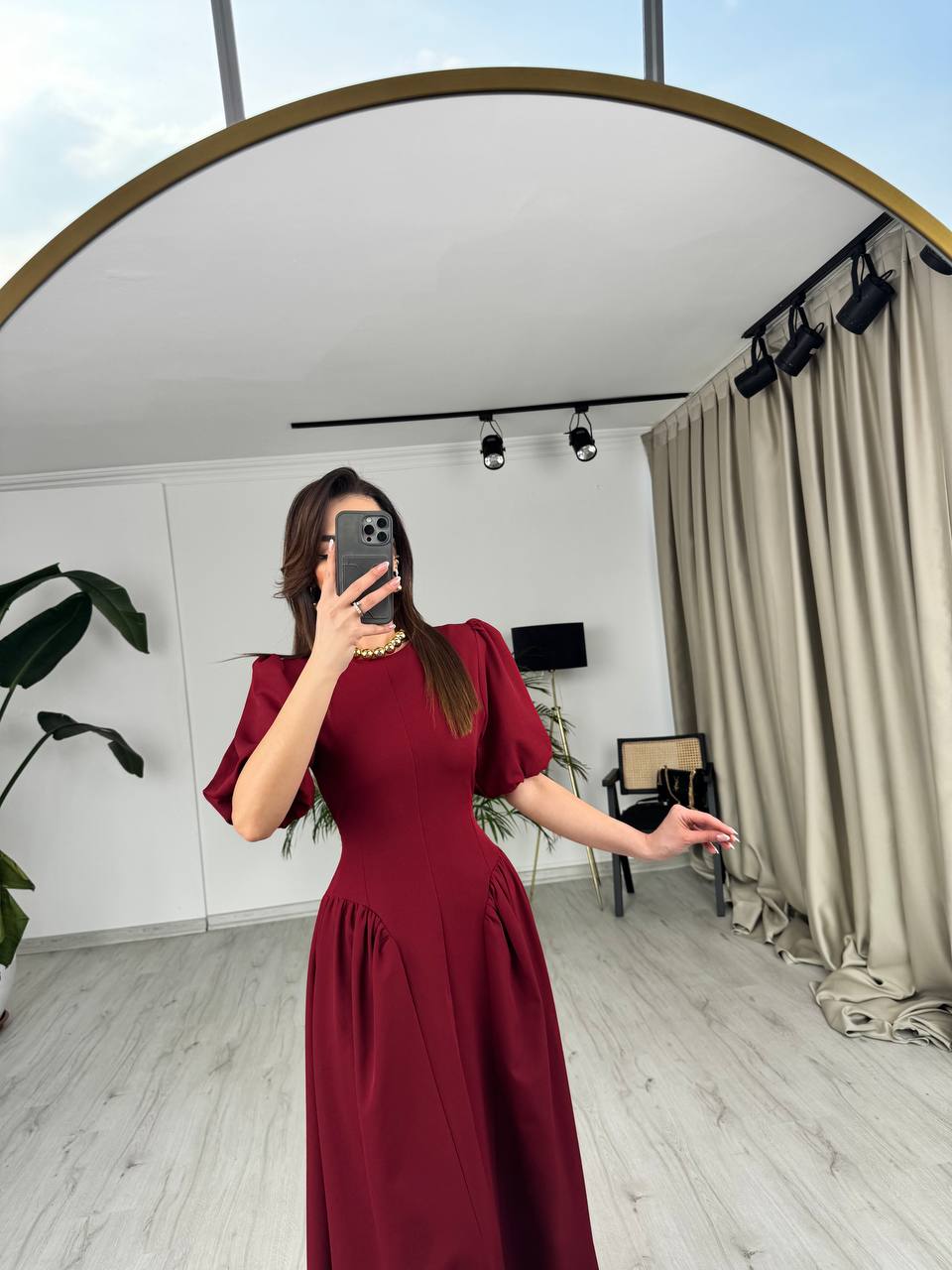 Tasarım%20Bordo%20Bel%20Korseli%20Double%20Atlas%20Kumaş%20Elbise