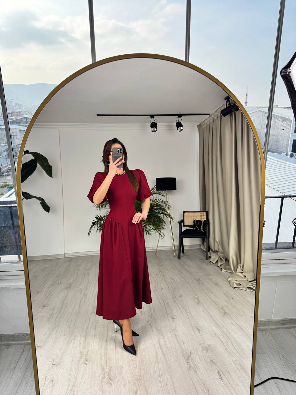 Tasarım%20Bordo%20Bel%20Korseli%20Double%20Atlas%20Kumaş%20Elbise