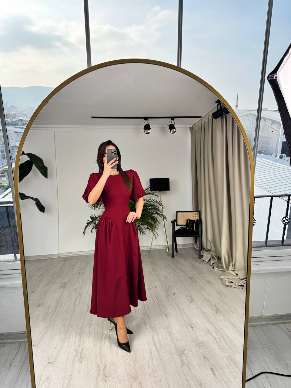 Tasarım%20Bordo%20Bel%20Korseli%20Double%20Atlas%20Kumaş%20Elbise