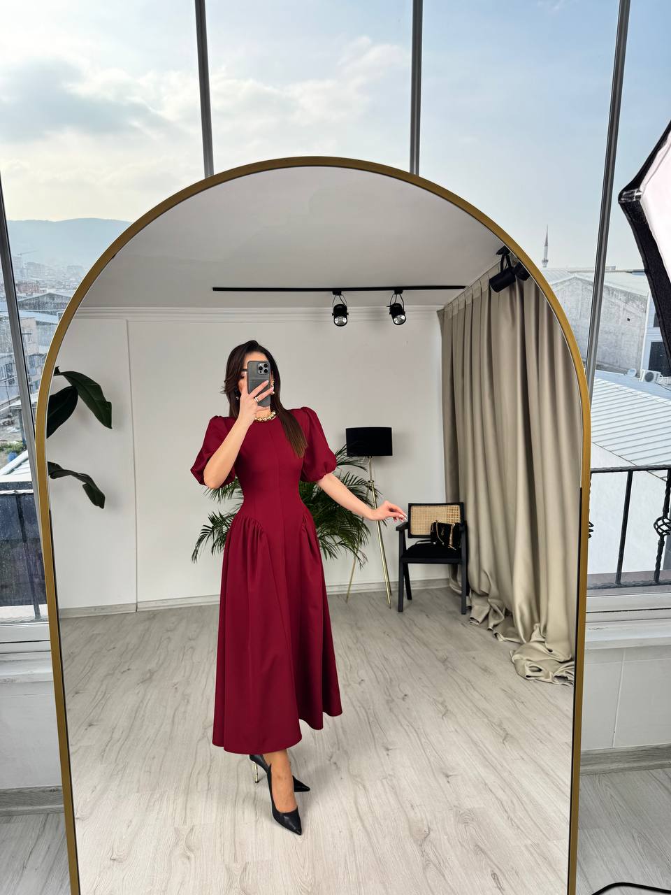 Tasarım%20Bordo%20Bel%20Korseli%20Double%20Atlas%20Kumaş%20Elbise
