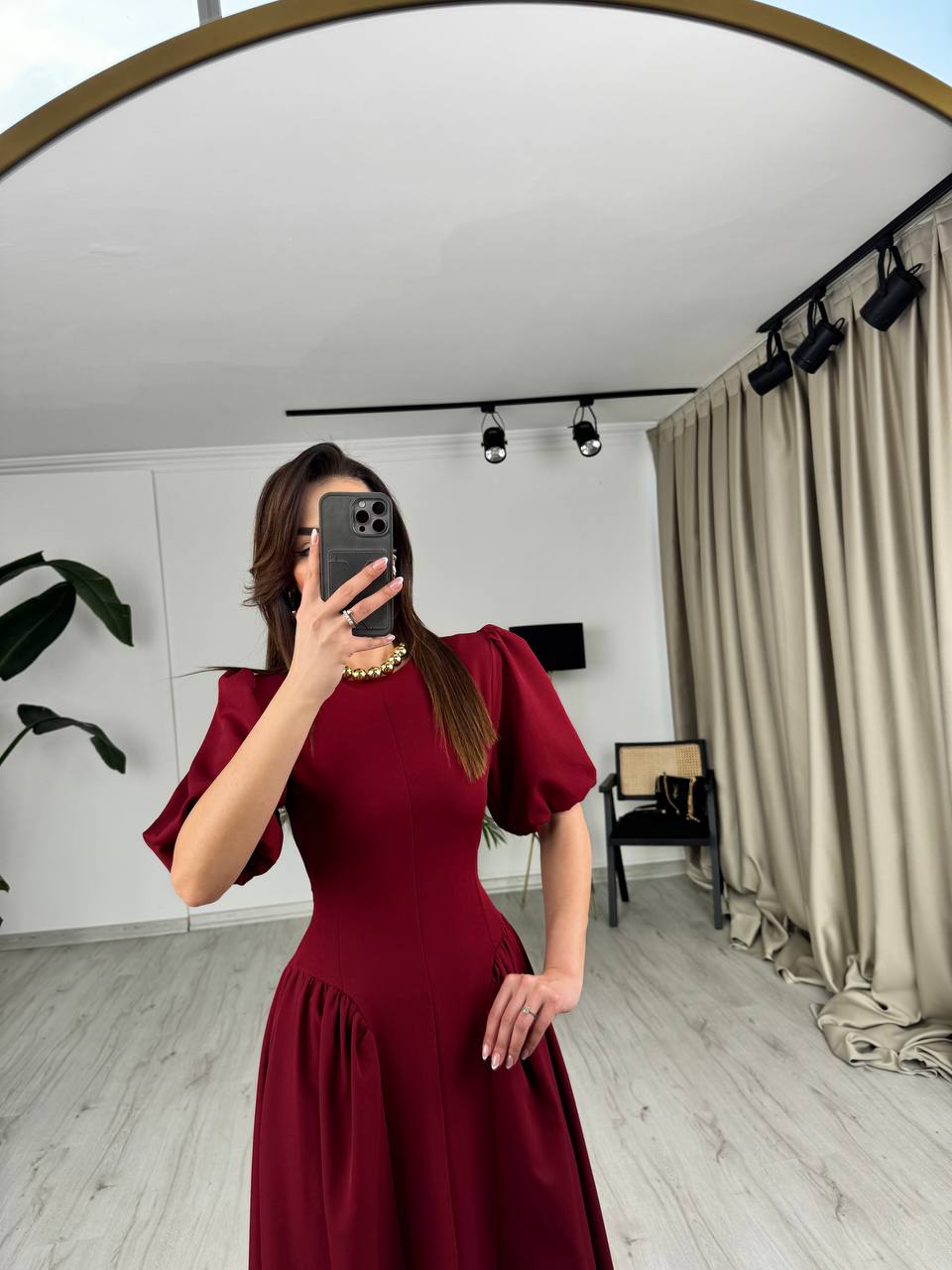 Tasarım%20Bordo%20Bel%20Korseli%20Double%20Atlas%20Kumaş%20Elbise