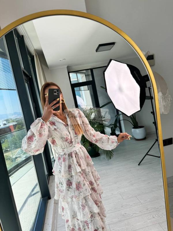Tasarım%20Gül%20kurusu%20Desenli%20Eteği%20Kat%20Kat%20Astarlı%20Elbise