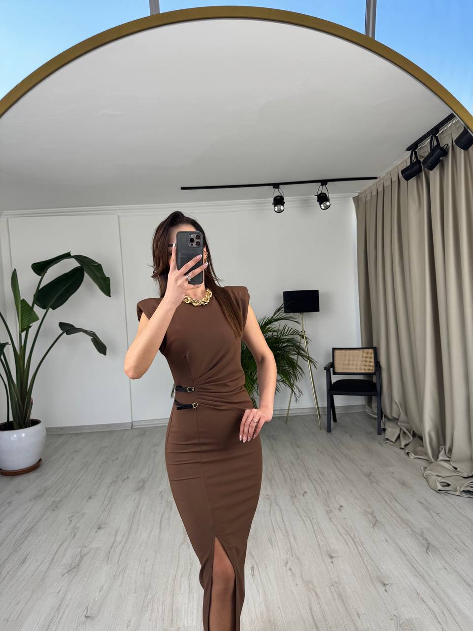 Kahverengi%20Zara%20Model%20Süs%20Kemerli%20Kalem%20Elbise
