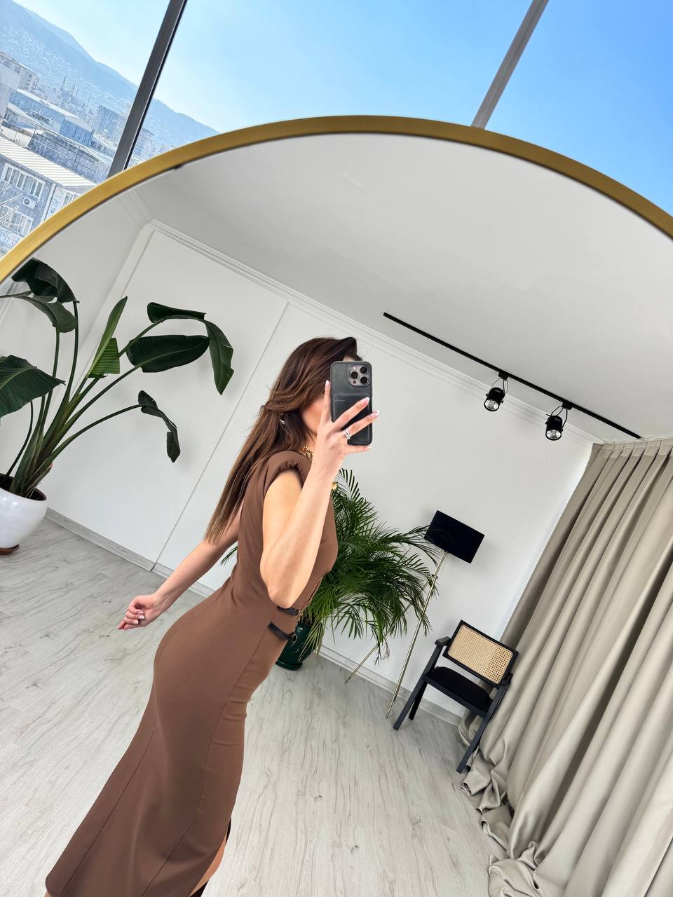 Kahverengi%20Zara%20Model%20Süs%20Kemerli%20Kalem%20Elbise