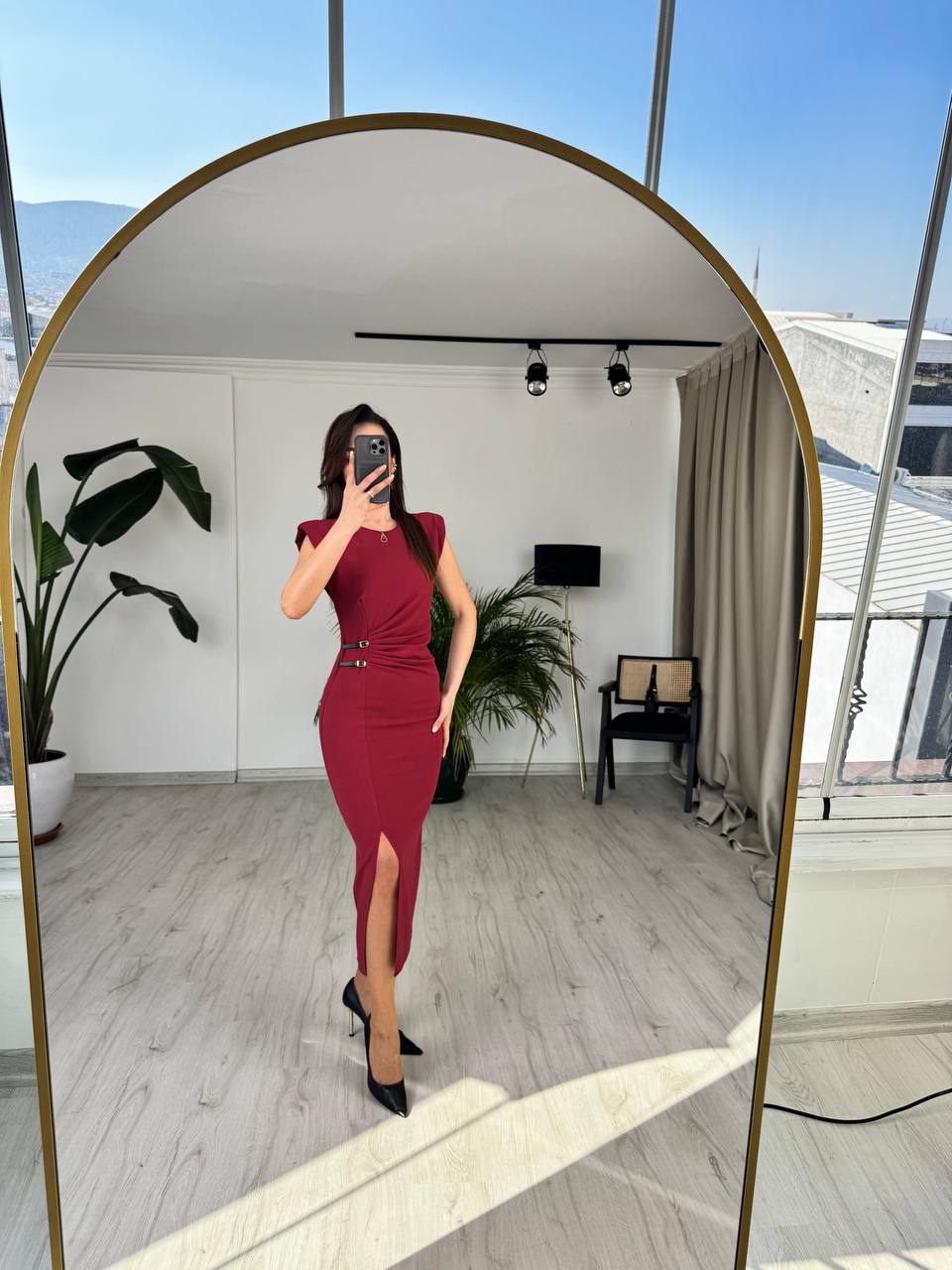Bordo%20Zara%20Model%20Süs%20Kemerli%20Kalem%20Elbise
