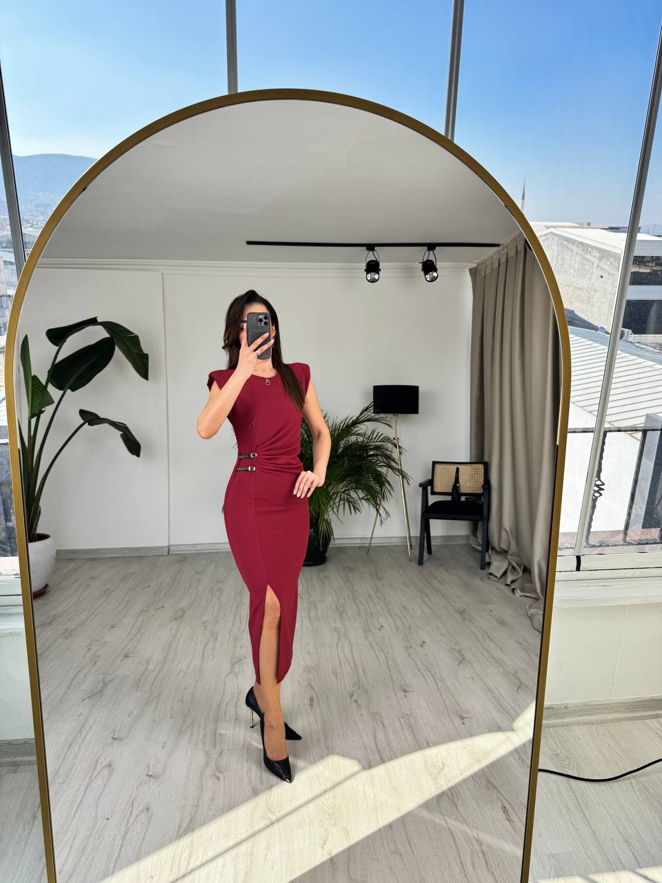 Bordo%20Zara%20Model%20Süs%20Kemerli%20Kalem%20Elbise