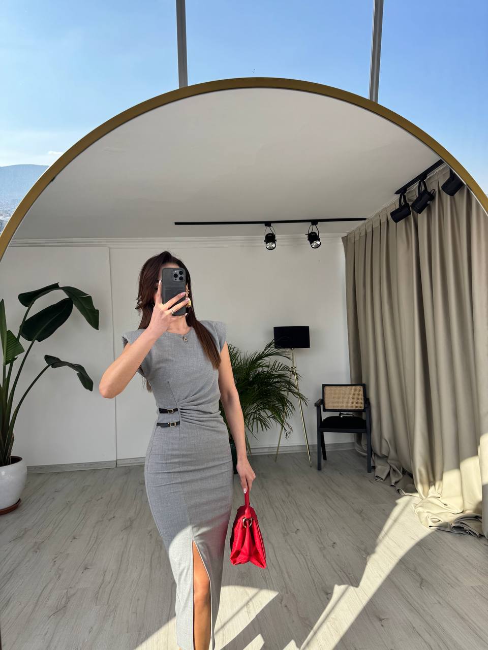 Gri%20Zara%20Model%20Süs%20Kemerli%20Kalem%20Elbise
