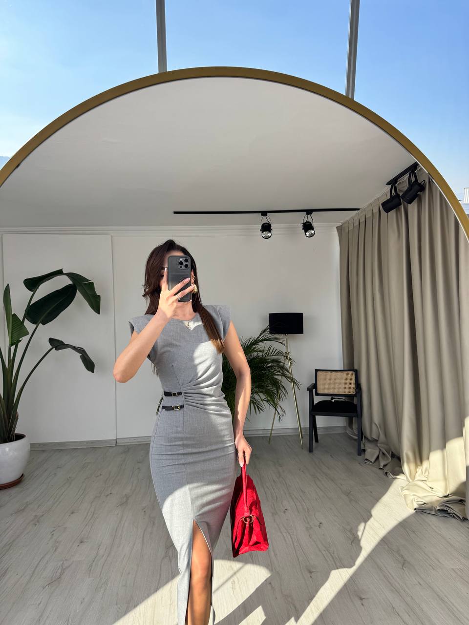 Gri%20Zara%20Model%20Süs%20Kemerli%20Kalem%20Elbise
