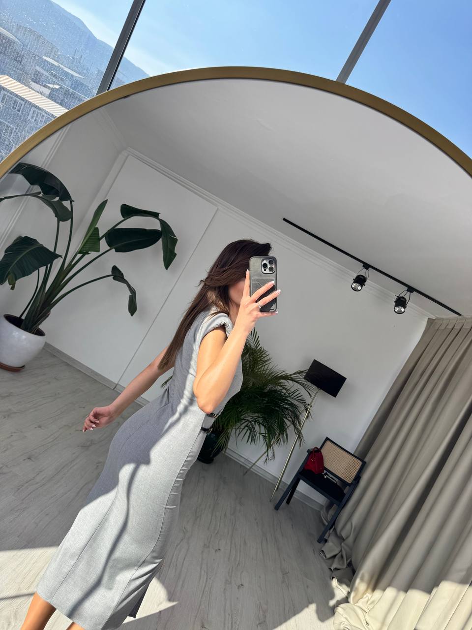 Gri%20Zara%20Model%20Süs%20Kemerli%20Kalem%20Elbise