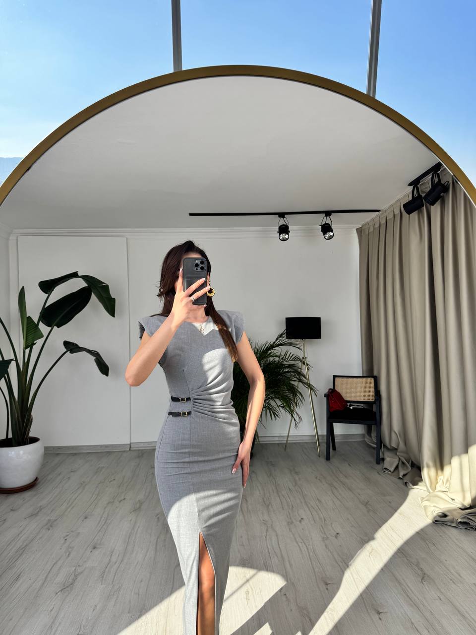 Gri%20Zara%20Model%20Süs%20Kemerli%20Kalem%20Elbise