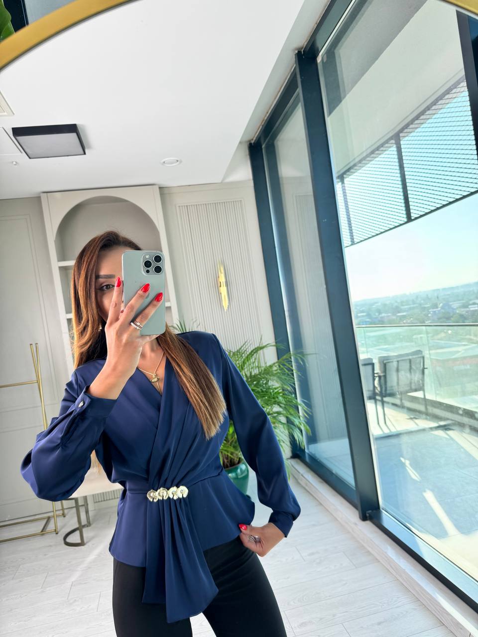 Lacivert%20Bel%20Aksesuar%20Detay%20Vatkalı%20Lüks%20Kalite%20Bluz