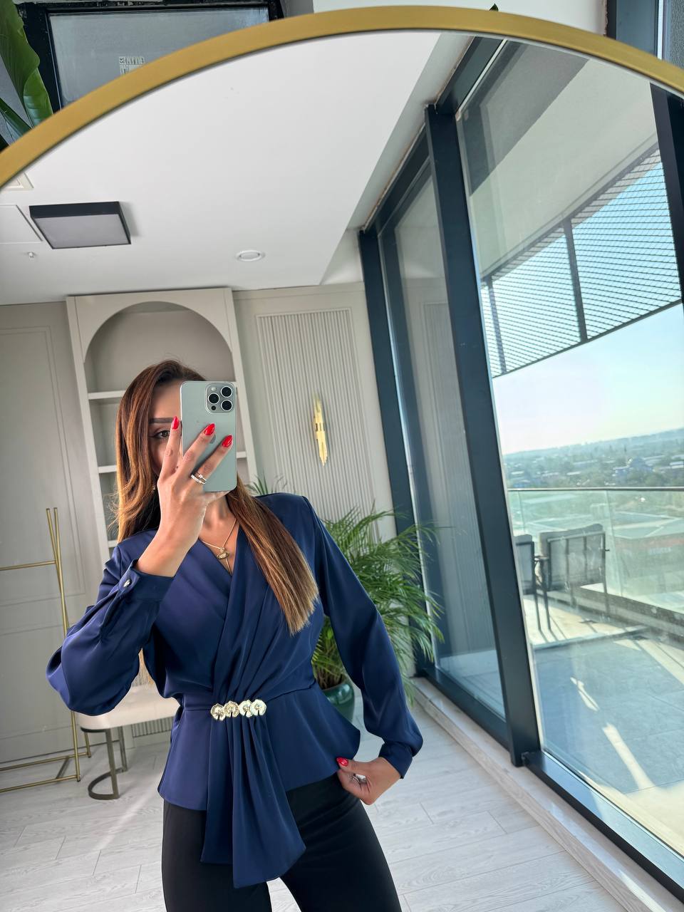 Lacivert%20Bel%20Aksesuar%20Detay%20Vatkalı%20Lüks%20Kalite%20Bluz