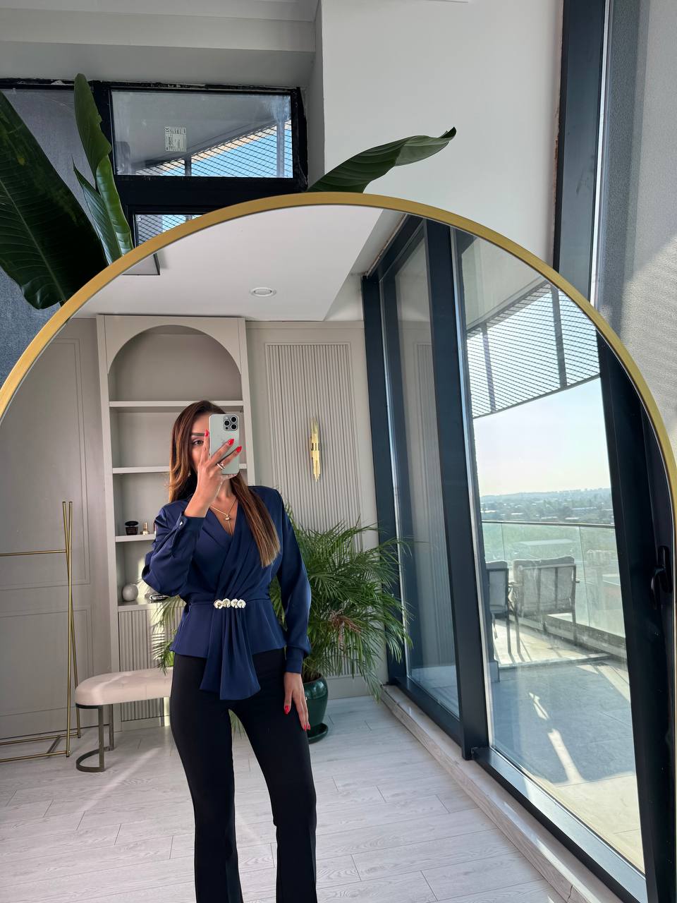 Lacivert%20Bel%20Aksesuar%20Detay%20Vatkalı%20Lüks%20Kalite%20Bluz