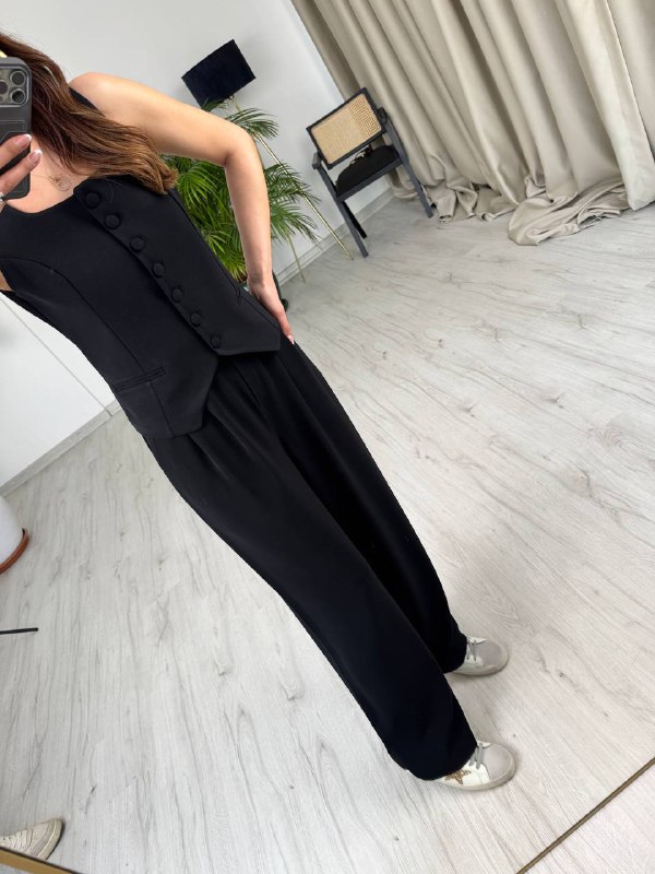 Siyah%20Top%20Düğmeli%20Premium%20İpekli%20Krep%20Kumaş%20Pantolon%20Yelek%20Takım