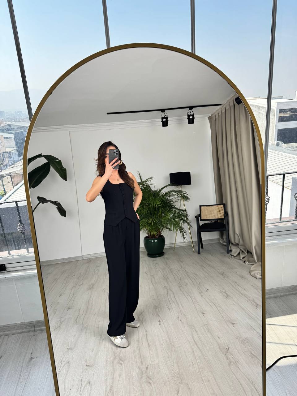 Siyah%20Top%20Düğmeli%20Premium%20İpekli%20Krep%20Kumaş%20Pantolon%20Yelek%20Takım