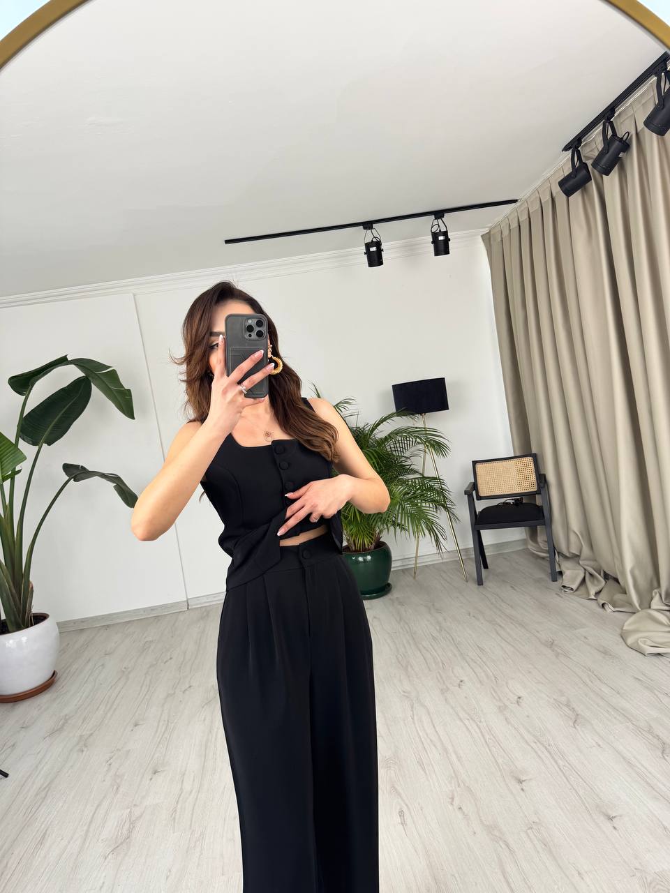 Siyah%20Top%20Düğmeli%20Premium%20İpekli%20Krep%20Kumaş%20Pantolon%20Yelek%20Takım